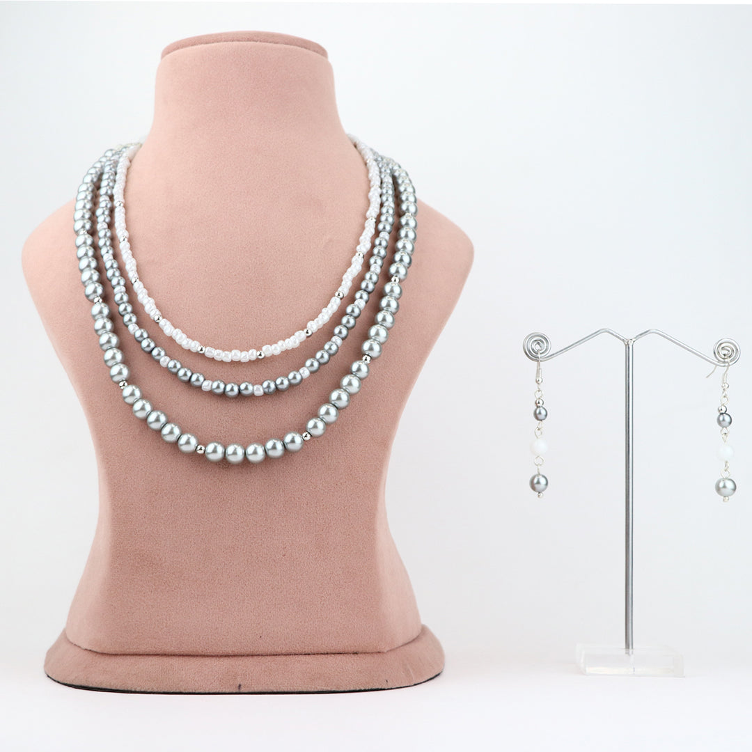 Grey and White Pearl Beaded Necklace and Earring Set