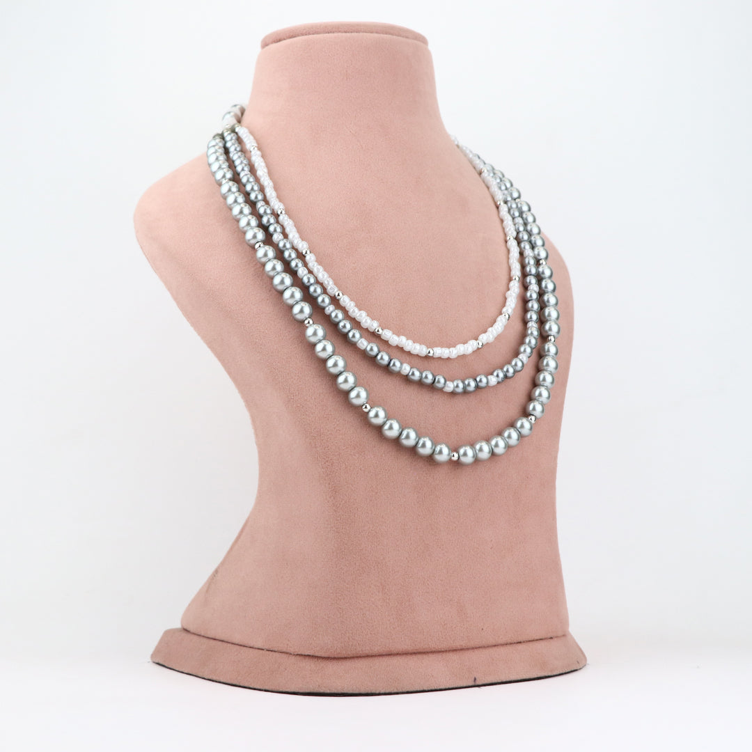 Grey and White Pearl Beaded Necklace and Earring Set