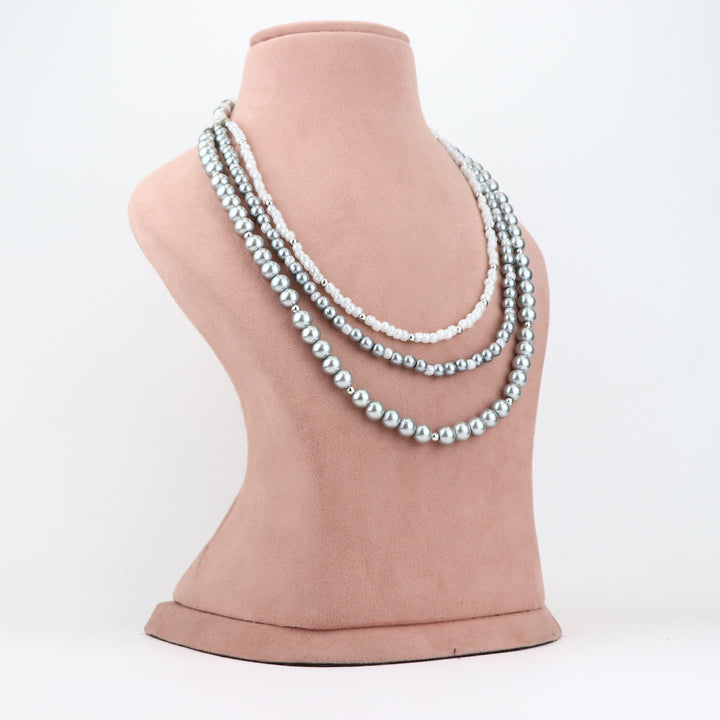 Grey and White Pearl Beaded Necklace and Earring Set