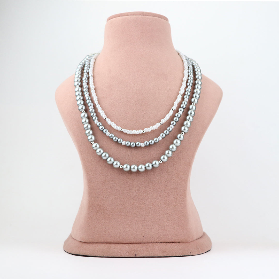Grey and White Pearl Beaded Necklace and Earring Set