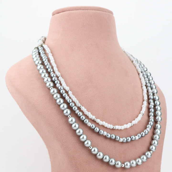 Grey and White Pearl Beaded Necklace and Earring Set