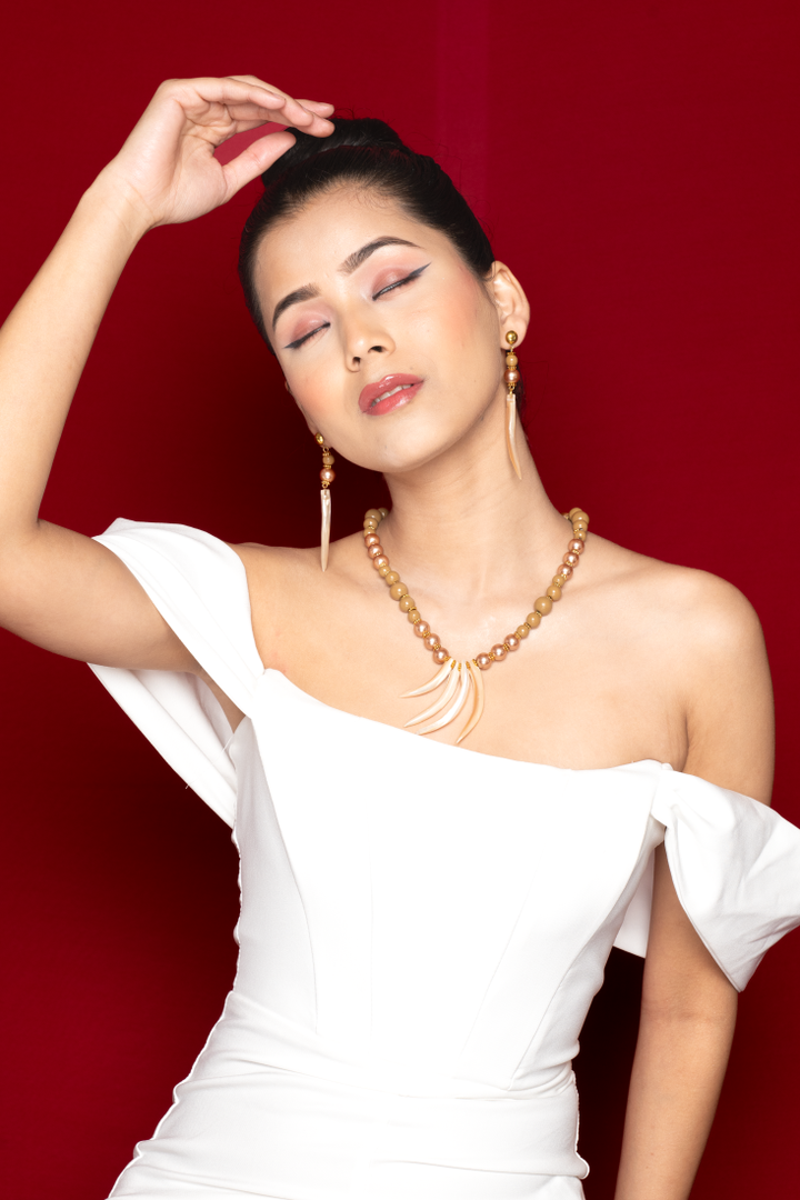 Handcrafted Glass Pearl, Wooden & Resin Necklace & Earrings Set â€“ Boho Chic Collection