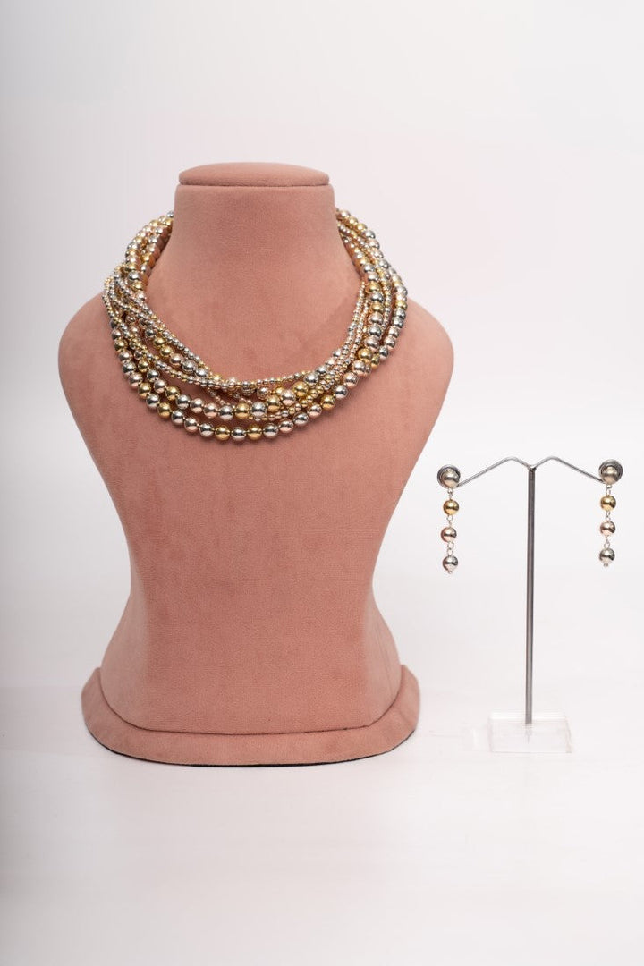 Elegant Gold & Silver Multi-Strand Beaded Necklace Set