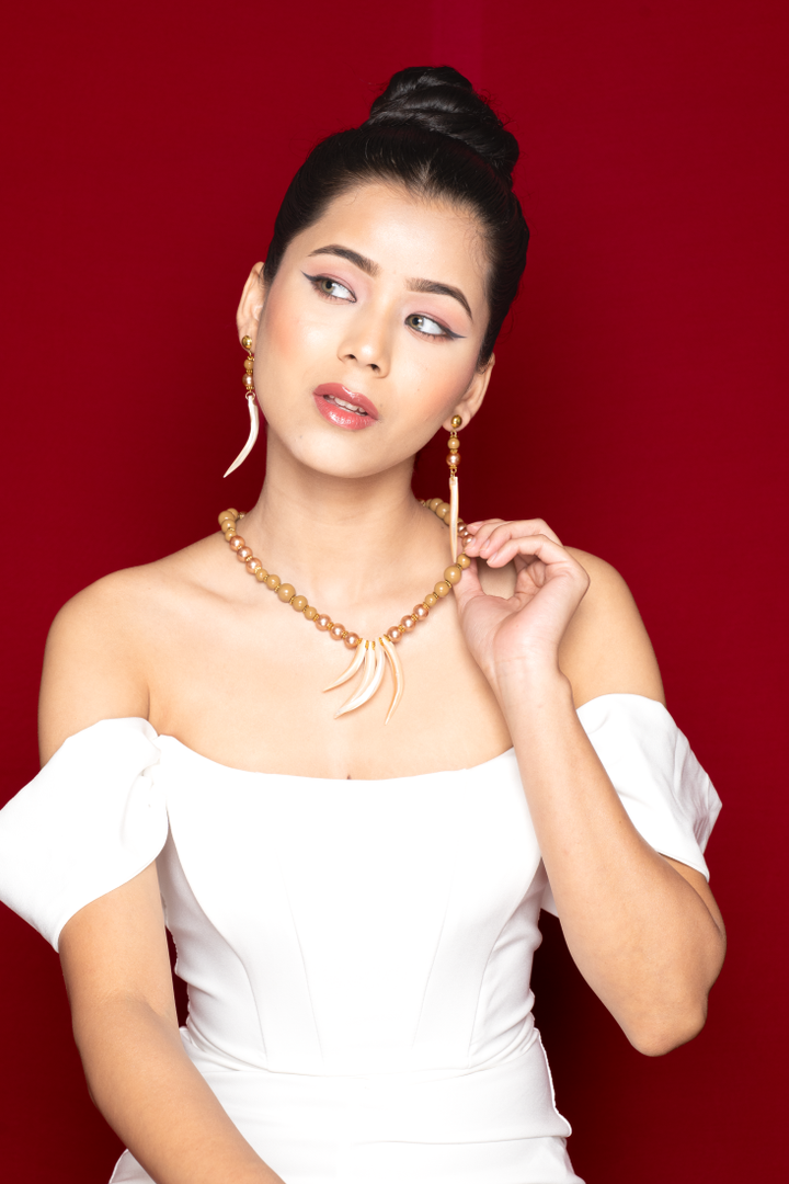 Handcrafted Glass Pearl, Wooden & Resin Necklace & Earrings Set â€“ Boho Chic Collection