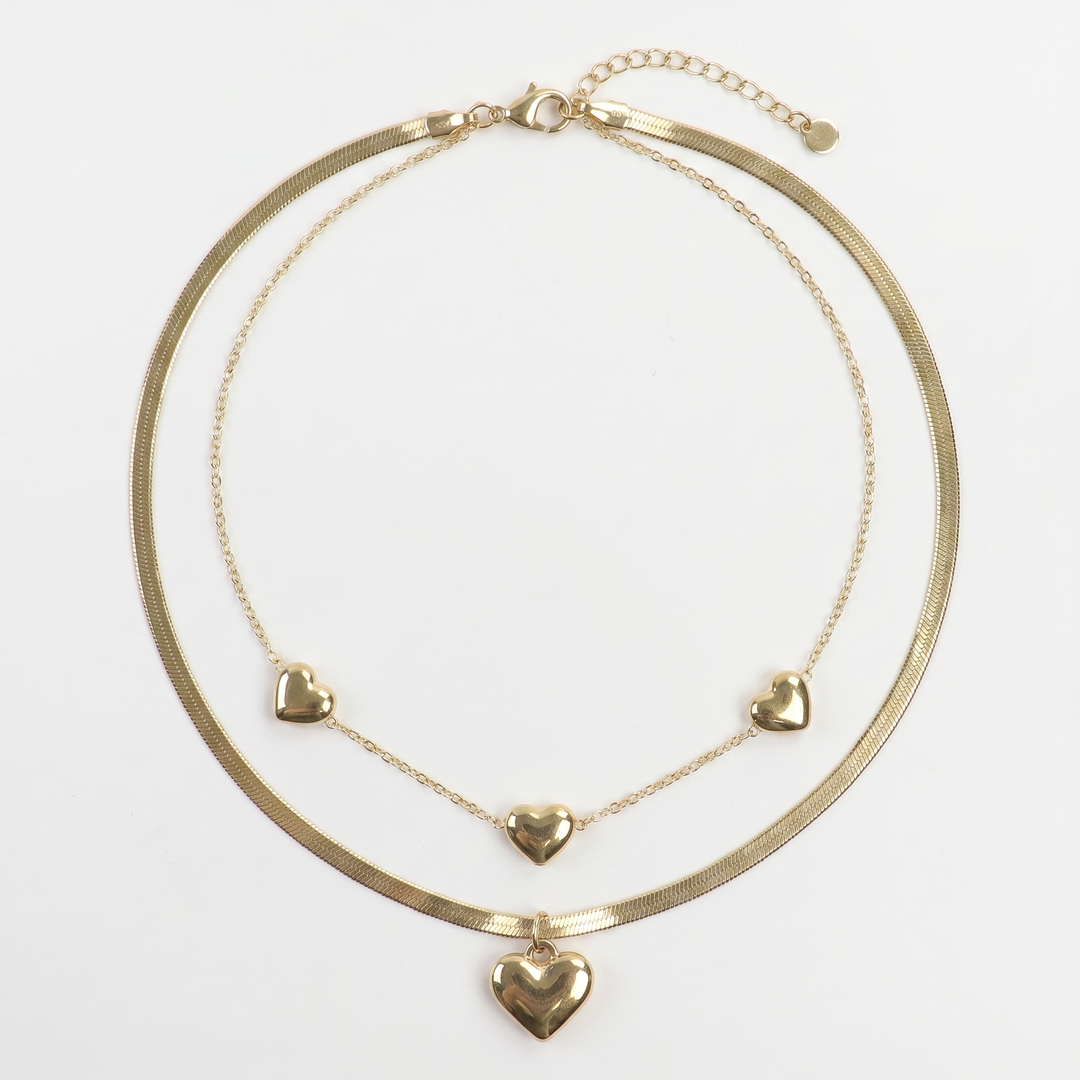 Puffed Heart Herringbone Set – Waterproof Stainless Steel Jewelry