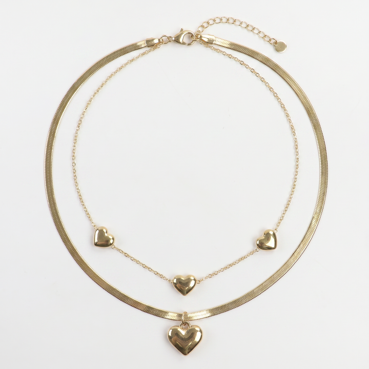Puffed Heart Herringbone Set – Waterproof Stainless Steel Jewelry