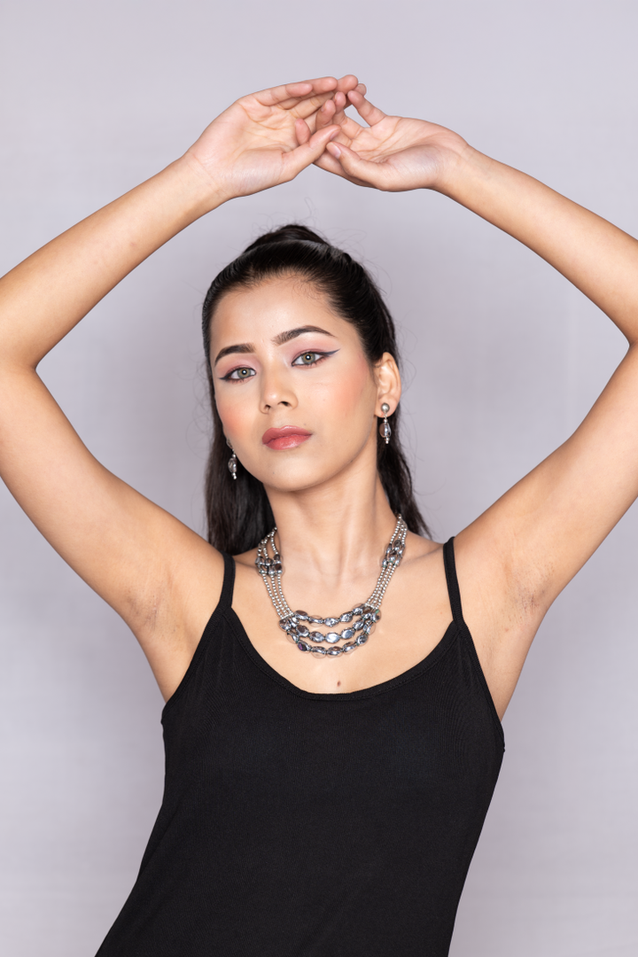 Elegant Multi-Layered Beaded Necklace & Earrings Set â€“ Silver Edition
