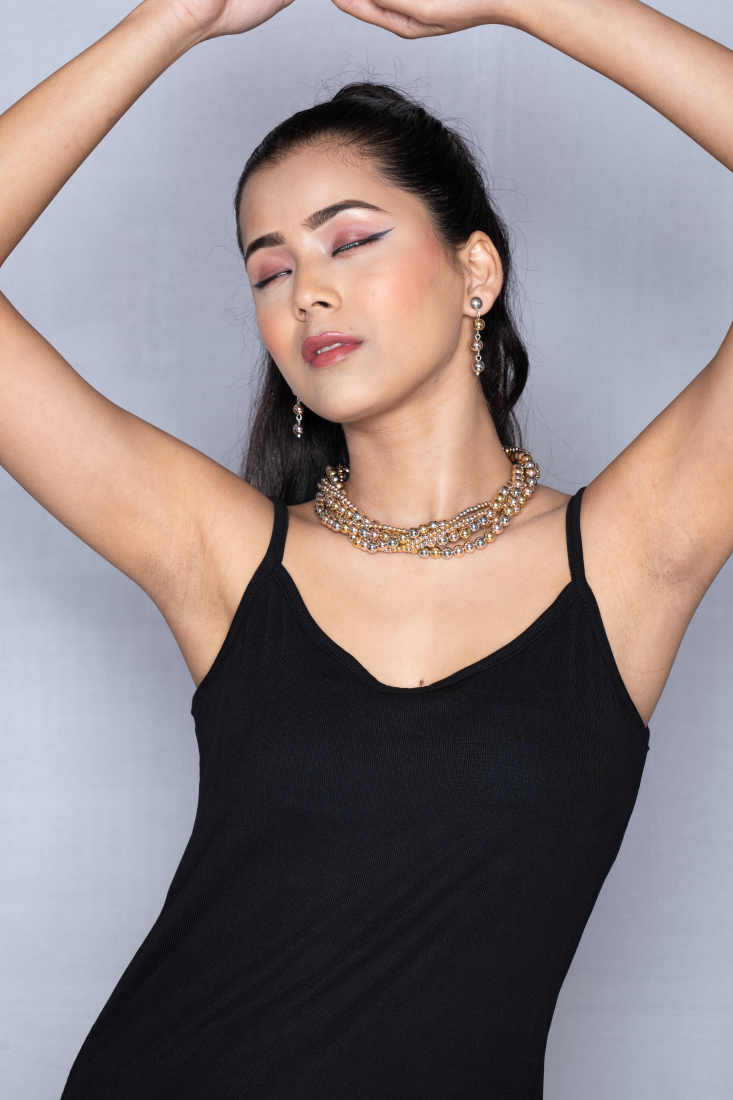 Elegant Gold & Silver Multi-Strand Beaded Necklace Set