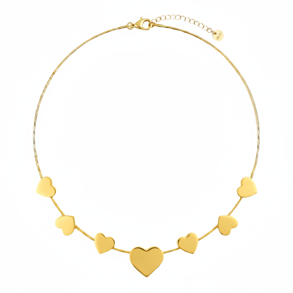 Golden-Tone Puffed Heart Charm Necklace – Anti-Tarnish Stainless Steel