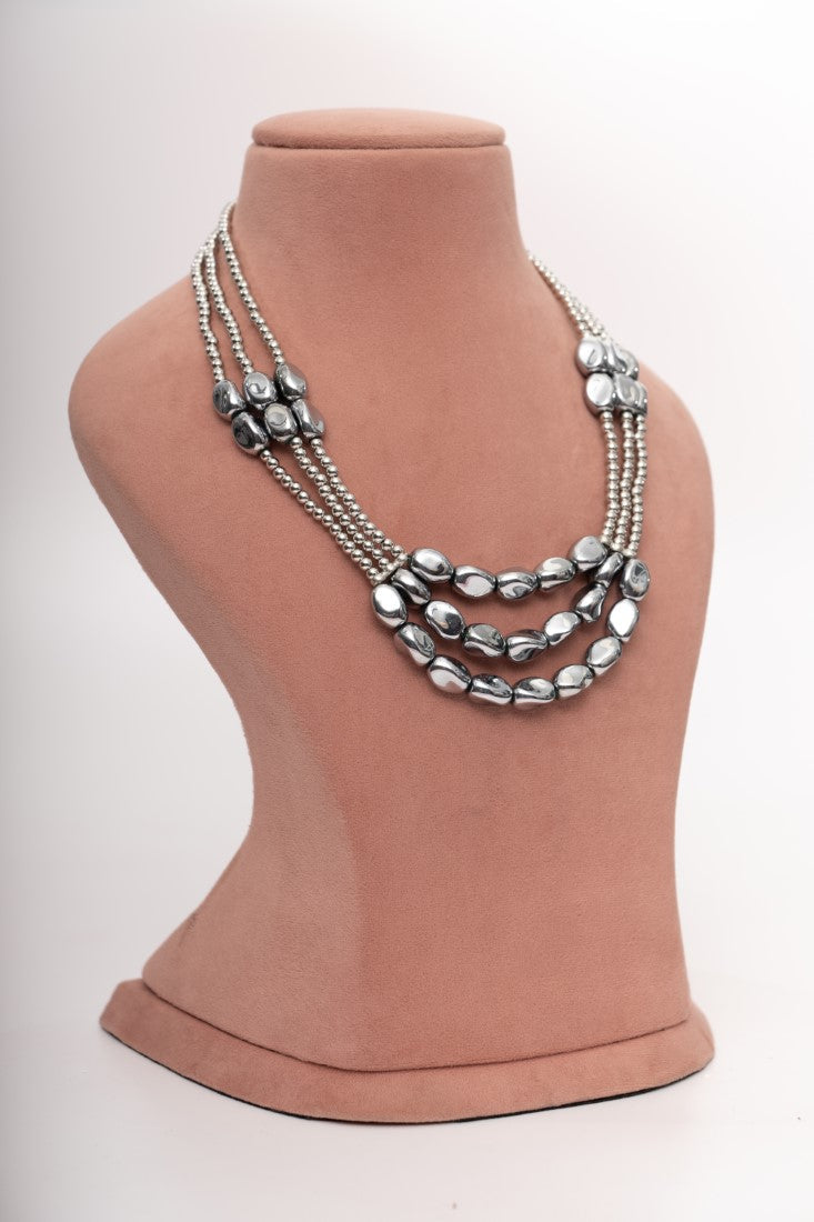 Elegant Multi-Layered Beaded Necklace & Earrings Set â€“ Silver Edition