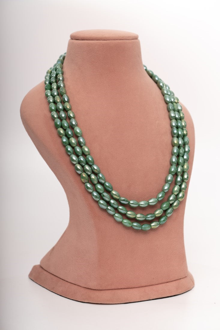 Multi-layered Green Beaded Necklace with matching drop Earrings.
