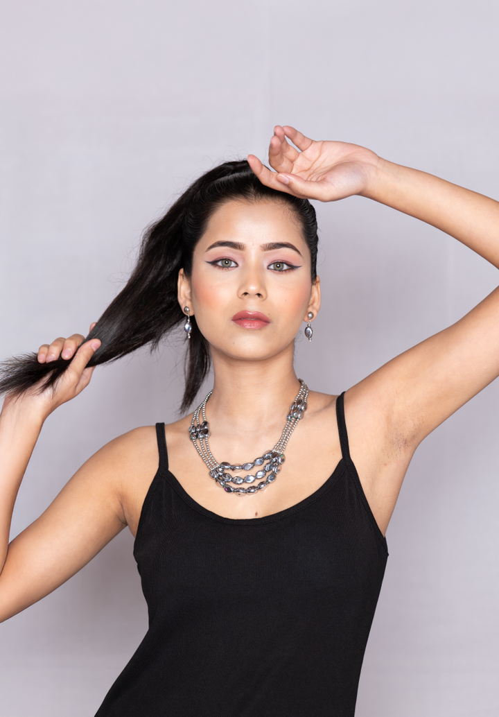 Elegant Multi-Layered Beaded Necklace & Earrings Set â€“ Silver Edition