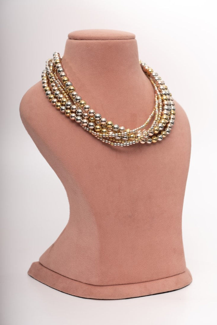 Elegant Gold & Silver Multi-Strand Beaded Necklace Set