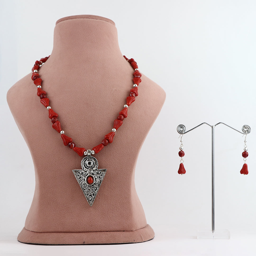Red Glass Bead Necklace with Oxidized Silver Pendant and Earring Set