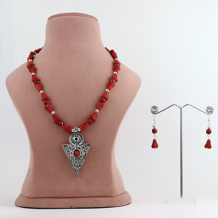 Red Glass Bead Necklace with Oxidized Silver Pendant and Earring Set