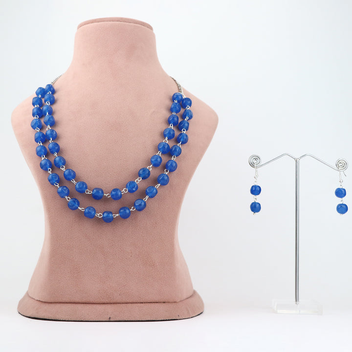 Classic Multi-Strand Blue Beaded Necklace and Earring Set