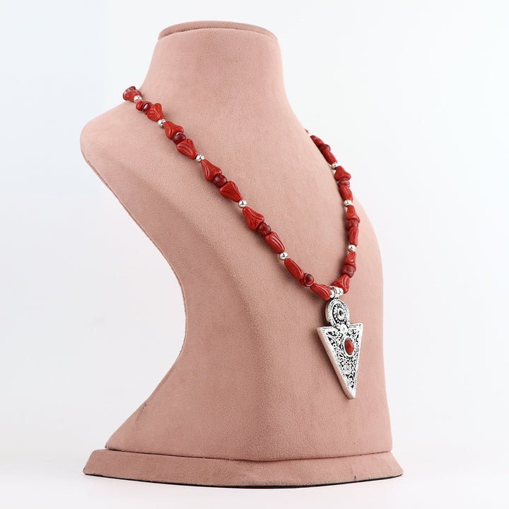 Red Glass Bead Necklace with Oxidized Silver Pendant and Earring Set