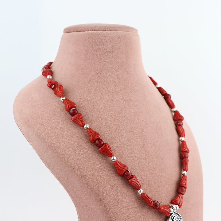 Red Glass Bead Necklace with Oxidized Silver Pendant and Earring Set