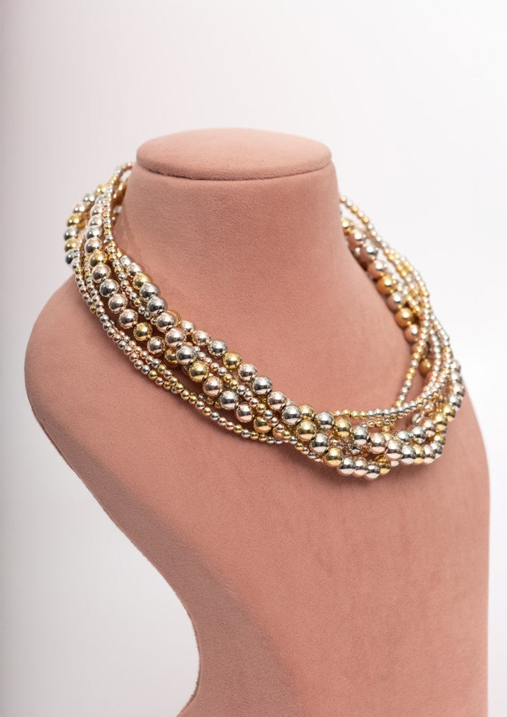 Elegant Gold & Silver Multi-Strand Beaded Necklace Set