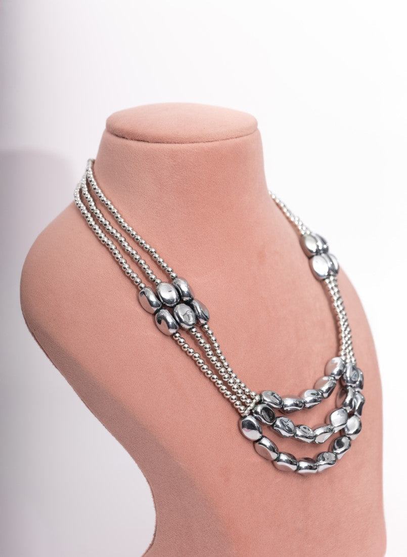 Elegant Multi-Layered Beaded Necklace & Earrings Set â€“ Silver Edition