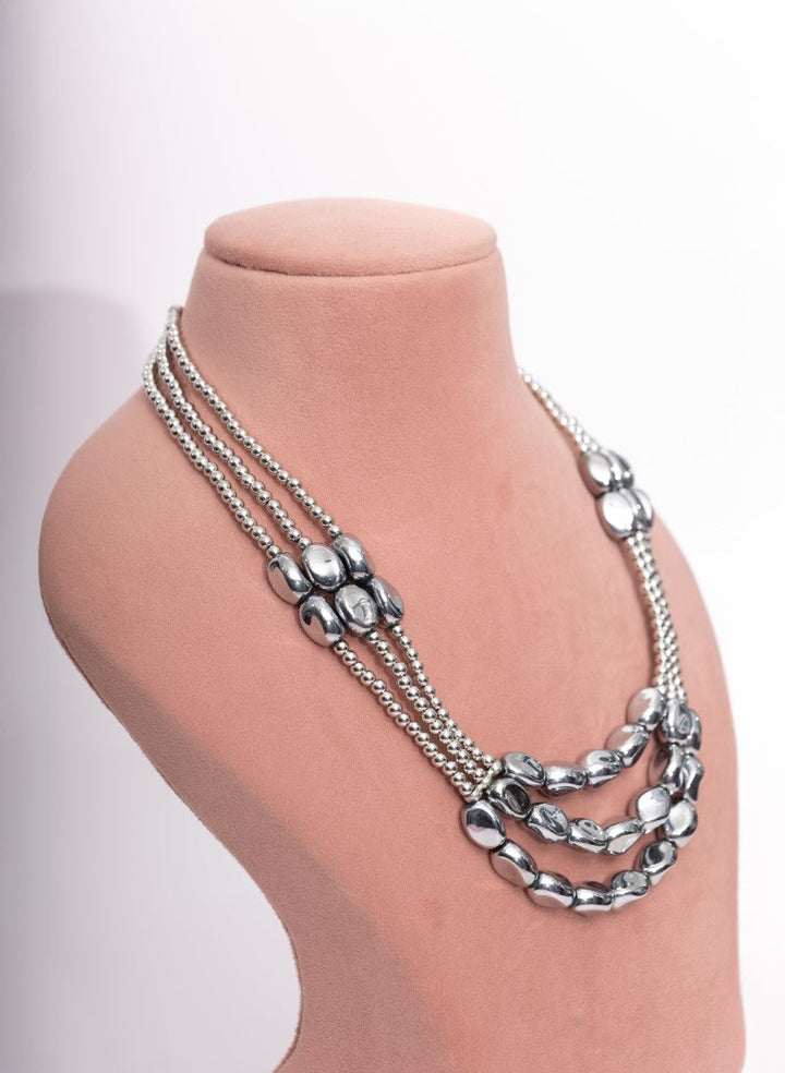 Elegant Multi-Layered Beaded Necklace & Earrings Set â€“ Silver Edition
