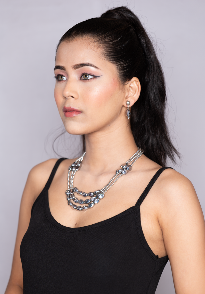 Elegant Multi-Layered Beaded Necklace & Earrings Set â€“ Silver Edition