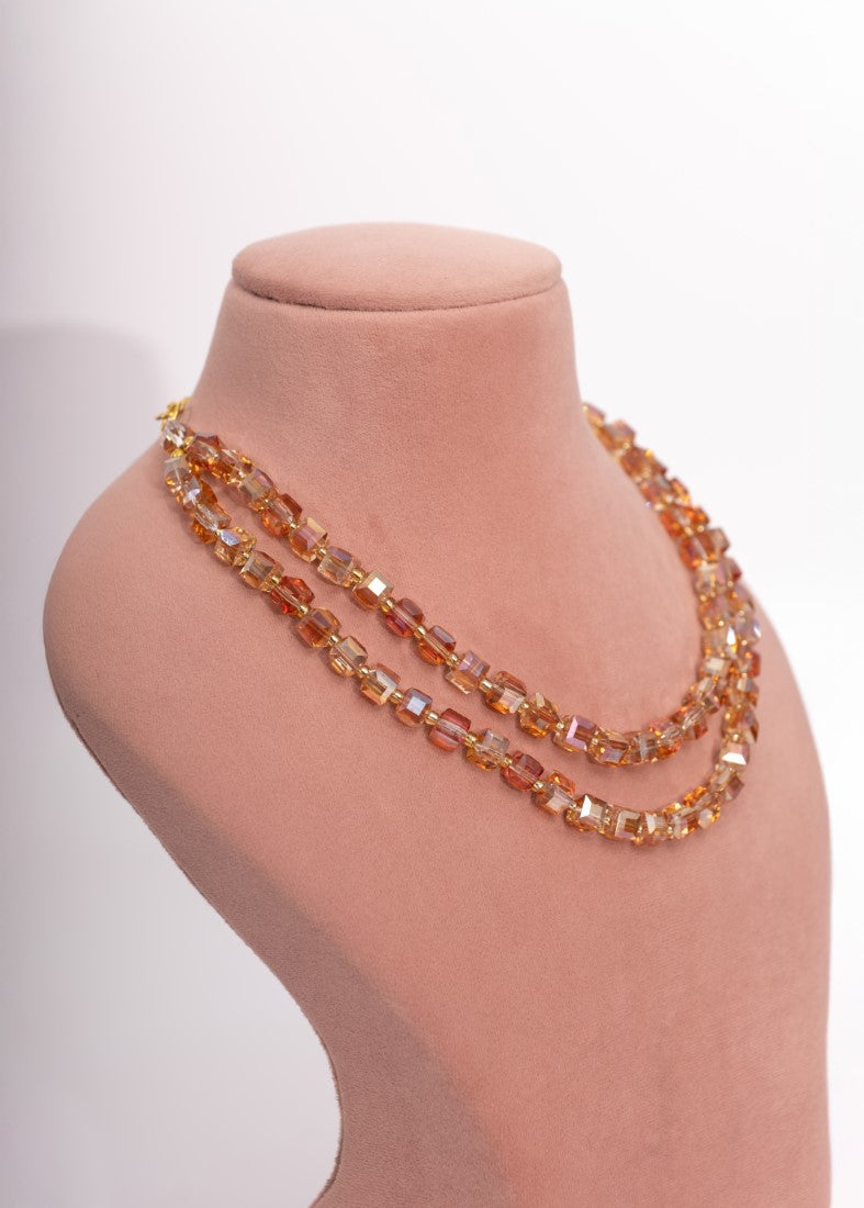 Double-Stranded Amber-Toned Cube Bead Necklace Set
