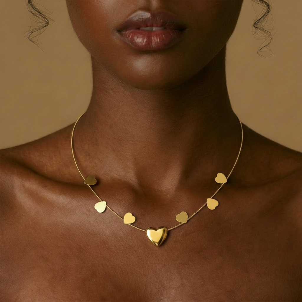 Golden-Tone Puffed Heart Charm Necklace – Anti-Tarnish Stainless Steel