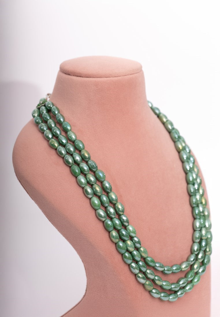 Multi-layered Green Beaded Necklace with matching drop Earrings.
