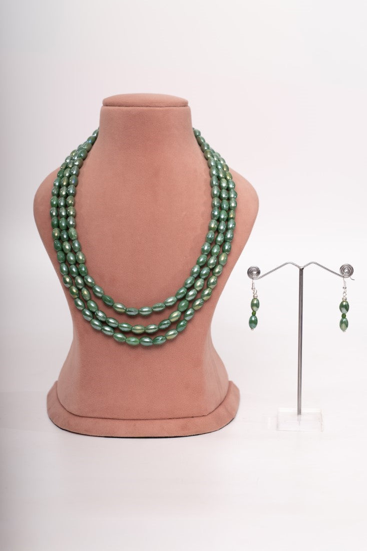 Multi-layered Green Beaded Necklace with matching drop Earrings.