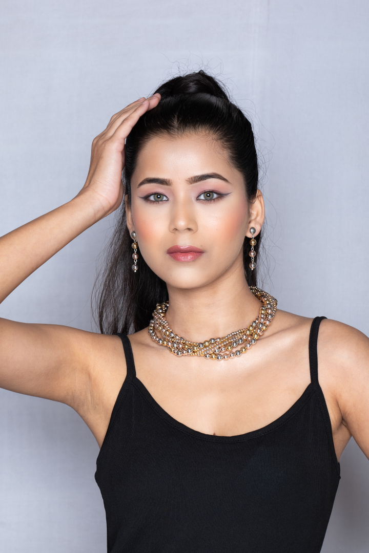 Elegant Gold & Silver Multi-Strand Beaded Necklace Set