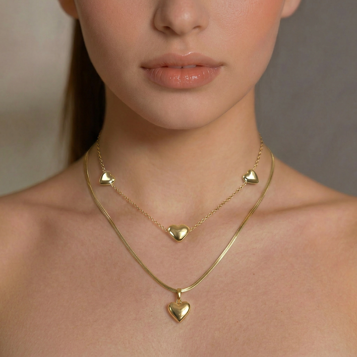 Puffed Heart Herringbone Set – Waterproof Stainless Steel Jewelry