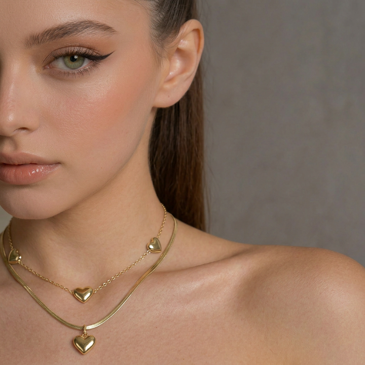 Puffed Heart Herringbone Set – Waterproof Stainless Steel Jewelry