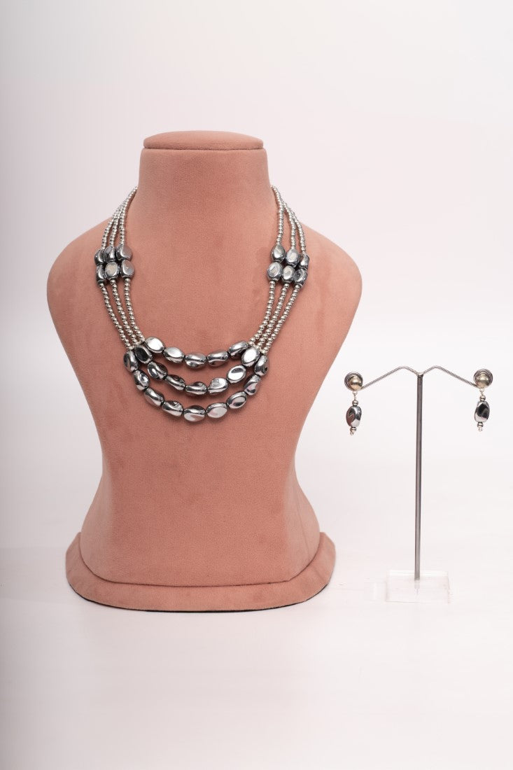 Elegant Multi-Layered Beaded Necklace & Earrings Set â€“ Silver Edition