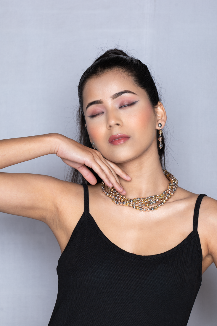 Elegant Gold & Silver Multi-Strand Beaded Necklace Set