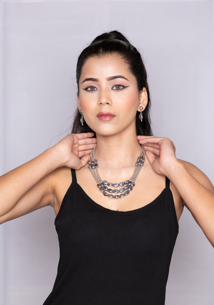 Elegant Multi-Layered Beaded Necklace & Earrings Set â€“ Silver Edition