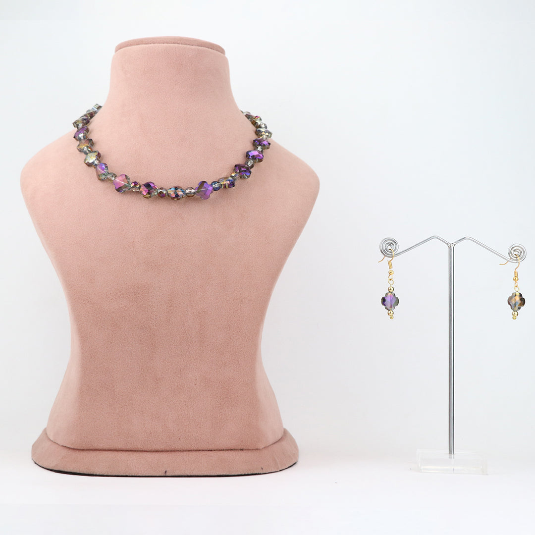 Purple and Iridescent Crystal Necklace and Earring Set