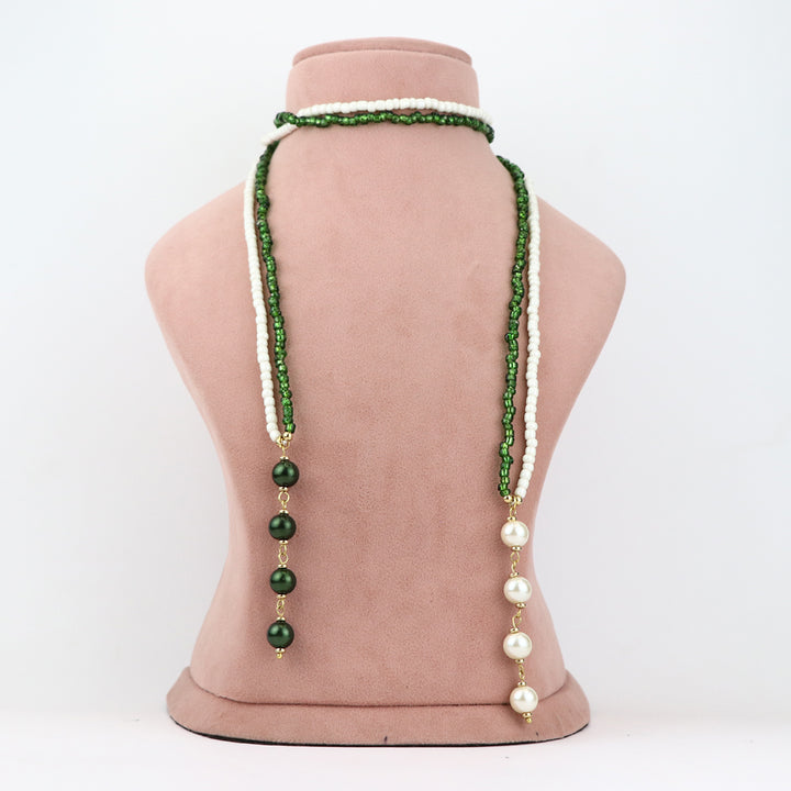 Multi-Strand Green and White Beaded Lariat Necklace