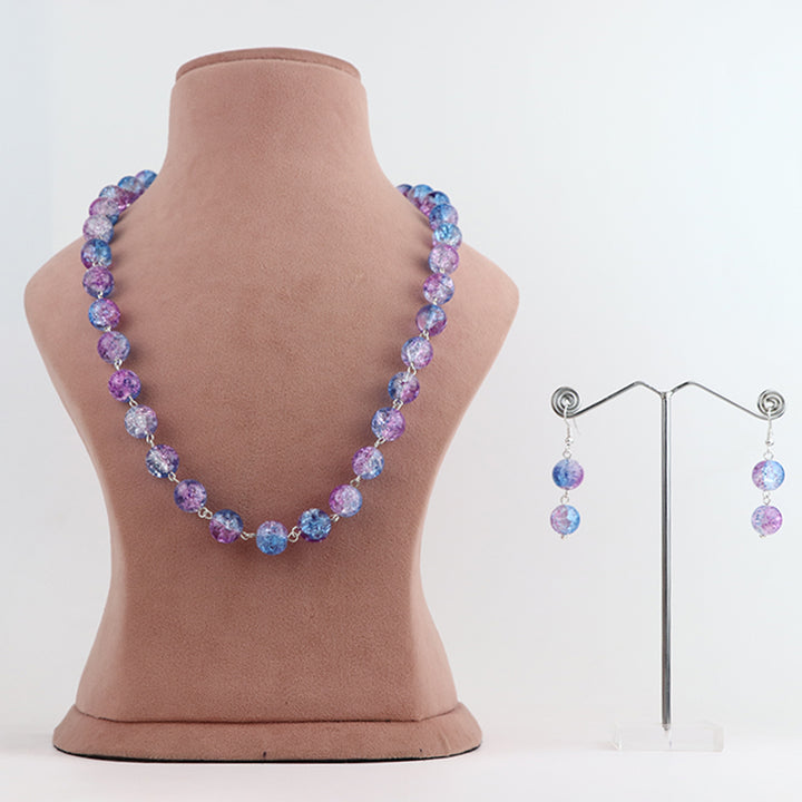 Multi-Strand Purple and Blue Crackled Glass Bead Necklace and Earring Set