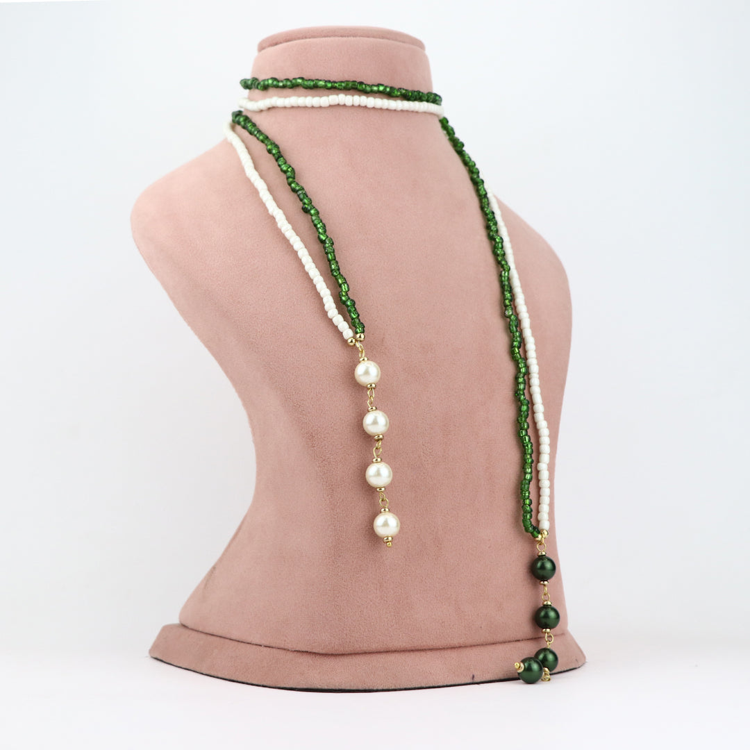 Multi-Strand Green and White Beaded Lariat Necklace