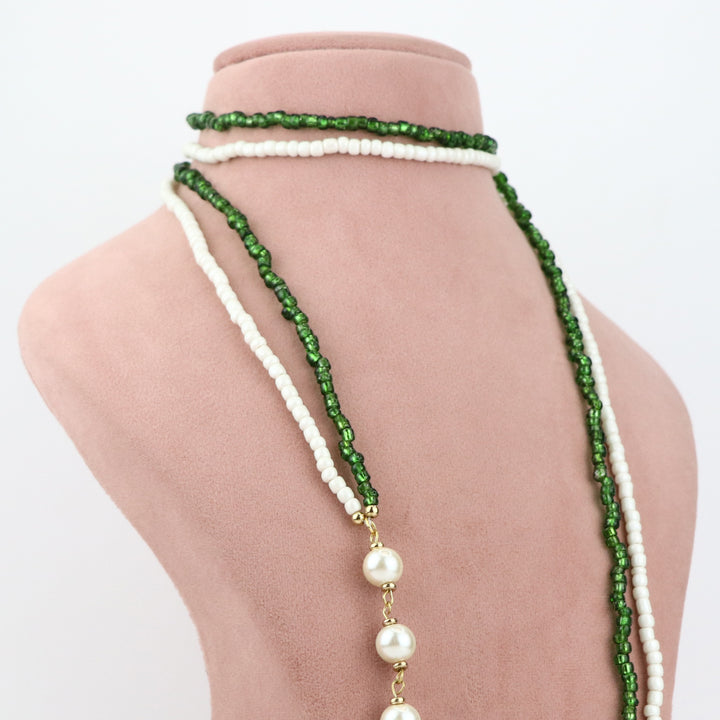 Multi-Strand Green and White Beaded Lariat Necklace