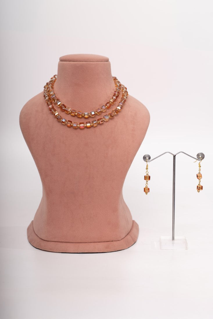 Double-Stranded Amber-Toned Cube Bead Necklace Set