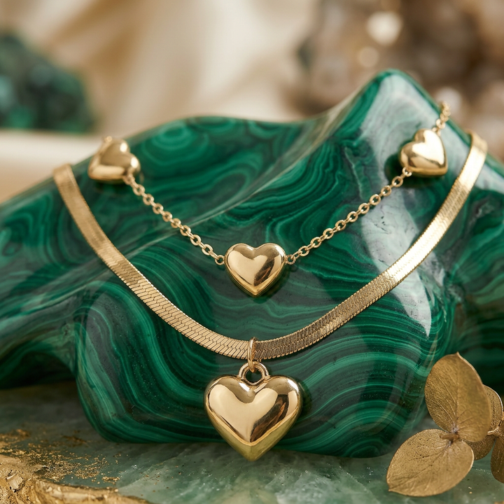 Puffed Heart Herringbone Set – Waterproof Stainless Steel Jewelry