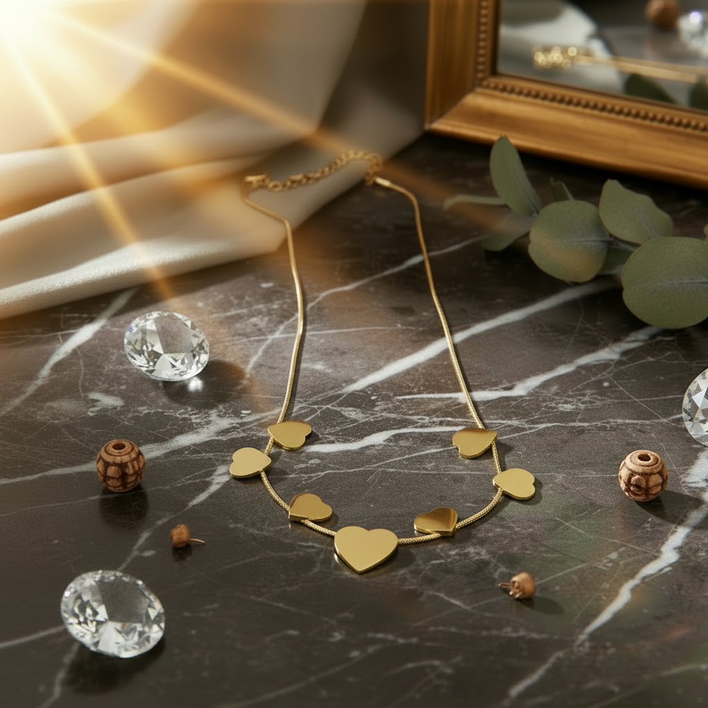 Golden-Tone Puffed Heart Charm Necklace – Anti-Tarnish Stainless Steel