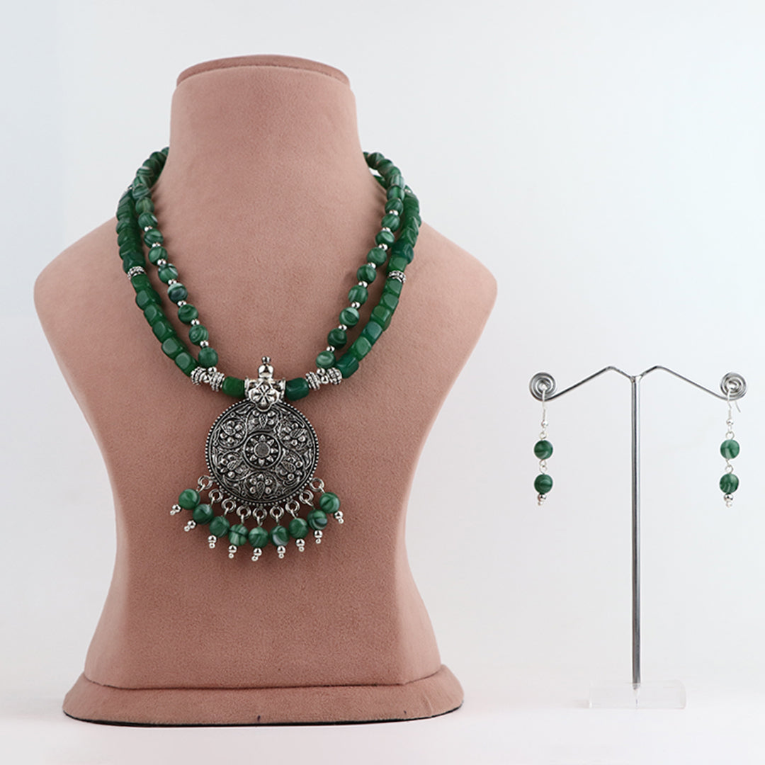 Double-Strand Green Glass Bead Necklace and Earring Set