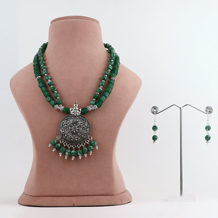 Double-Strand Green Glass Bead Necklace and Earring Set