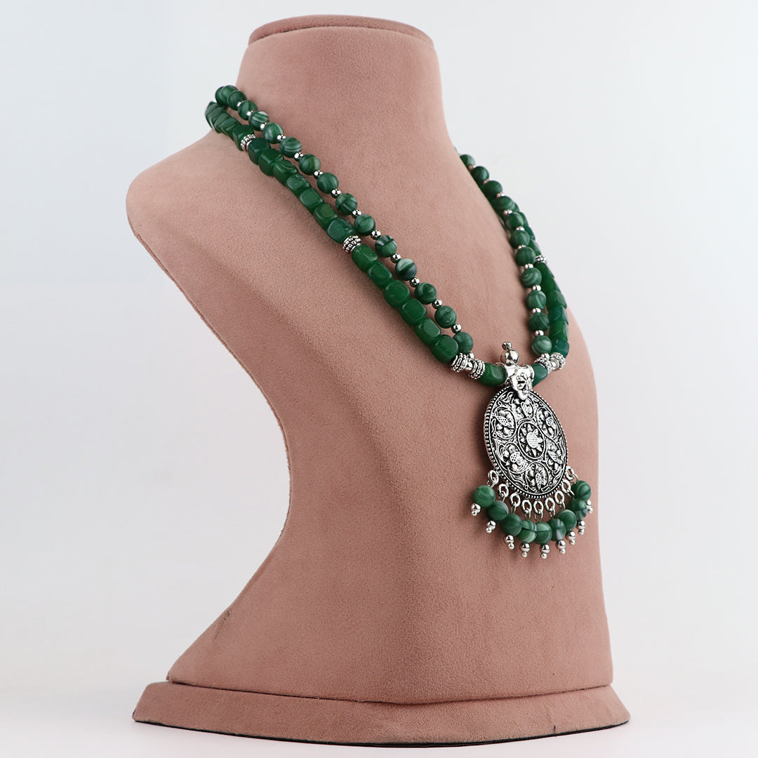 Double-Strand Green Glass Bead Necklace and Earring Set