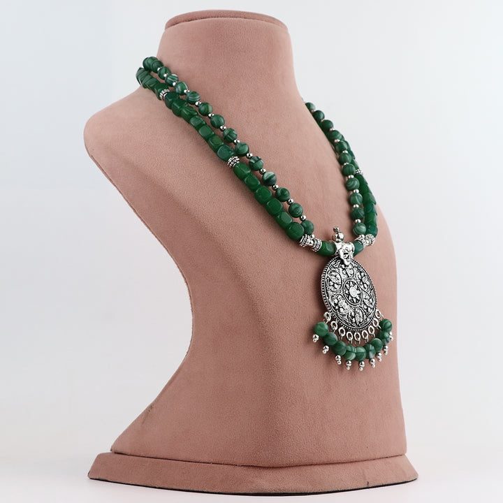 Double-Strand Green Glass Bead Necklace and Earring Set