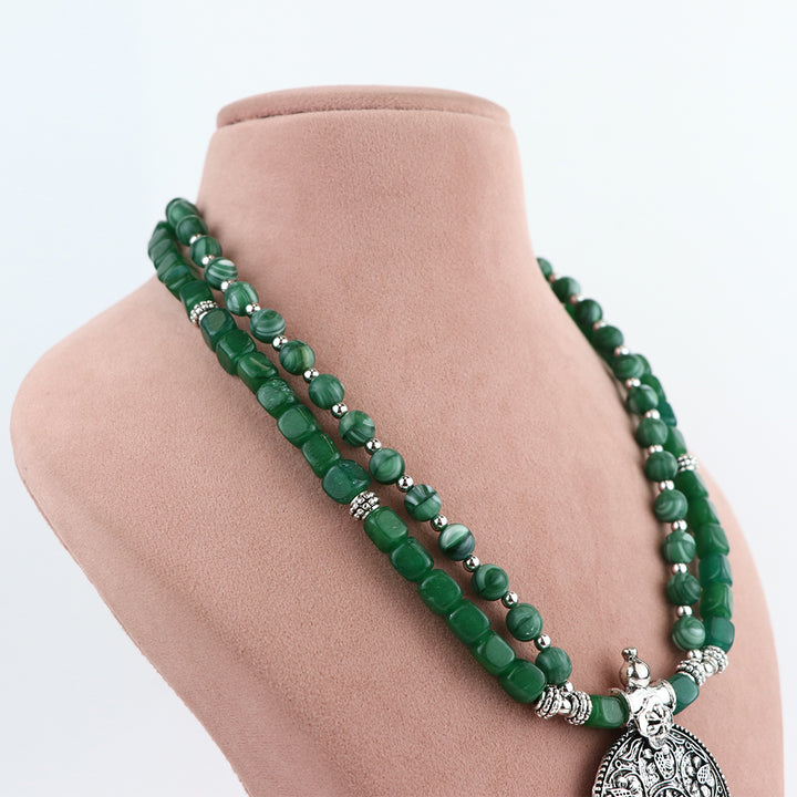 Double-Strand Green Glass Bead Necklace and Earring Set