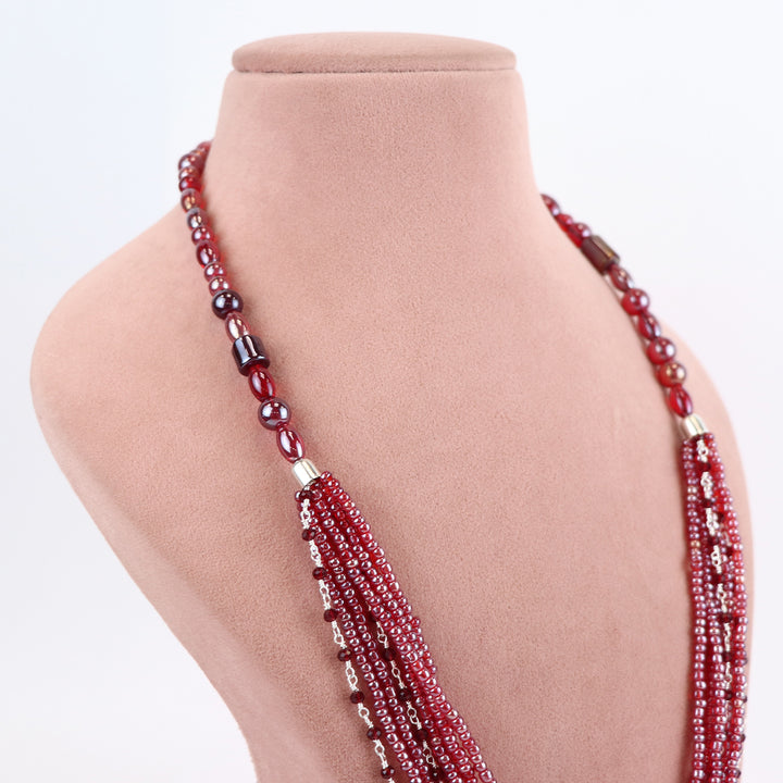 Ruby Radiance Multi-Strand Seed Bead Statement Necklace.
